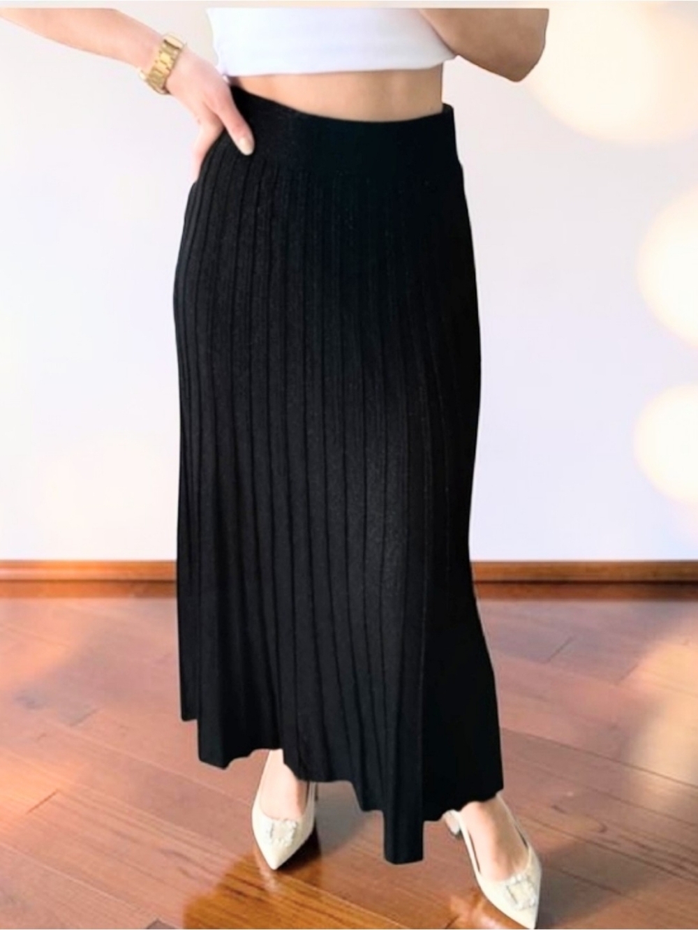 NWT, Milano Black Midi A-Line Pleated A Line Sweater Skirt, Medium